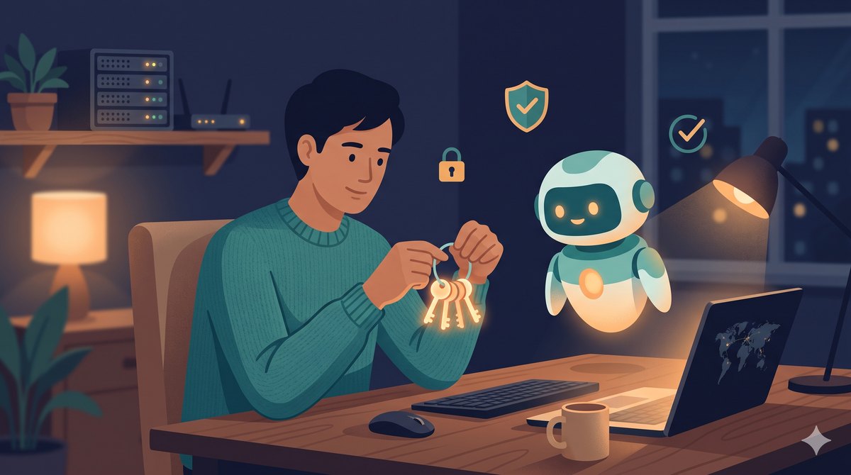 夜晚的書房裡，一個人平靜地檢查一串發光的鑰匙，旁邊有友善的 AI 小幫手與微微發光的家用伺服器