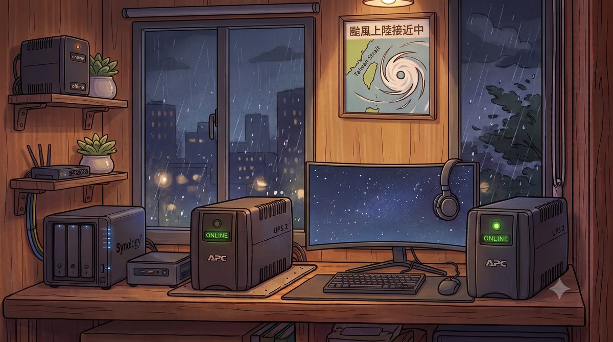 兩顆不斷電系統（UPS）並排運作的示意圖，象徵訊號傳遞與代理警報的設計