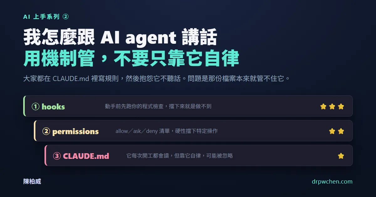 AI 上手系列②:我怎麼跟 AI agent 講話 — hooks/permissions/CLAUDE.md 三層機制強度階梯