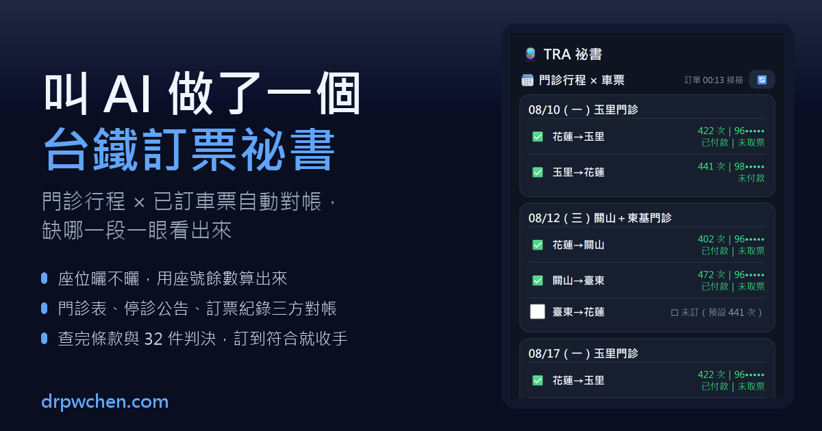 台鐵訂票祕書：門診行程與已訂車票自動對帳的畫面