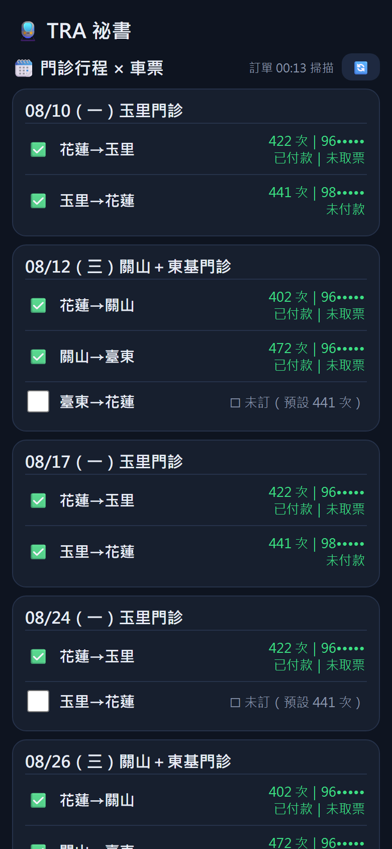 門診行程與車票對帳：每個門診日下列出去程回程，已訂的顯示車次與付款狀態，沒訂的是空的勾選框