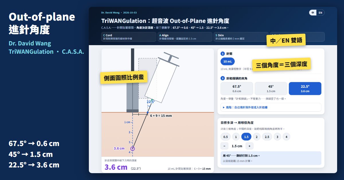 超音波 out-of-plane 進針角度網頁截圖：針筒貼著探頭，三個角度對應三個深度