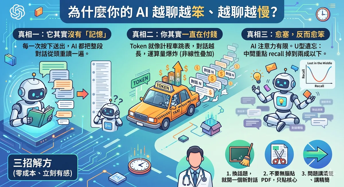 計程車跳表上扛著被 token 金幣壓垮、下沉的對話泡泡,一隻友善的機器人吃力地拖著它