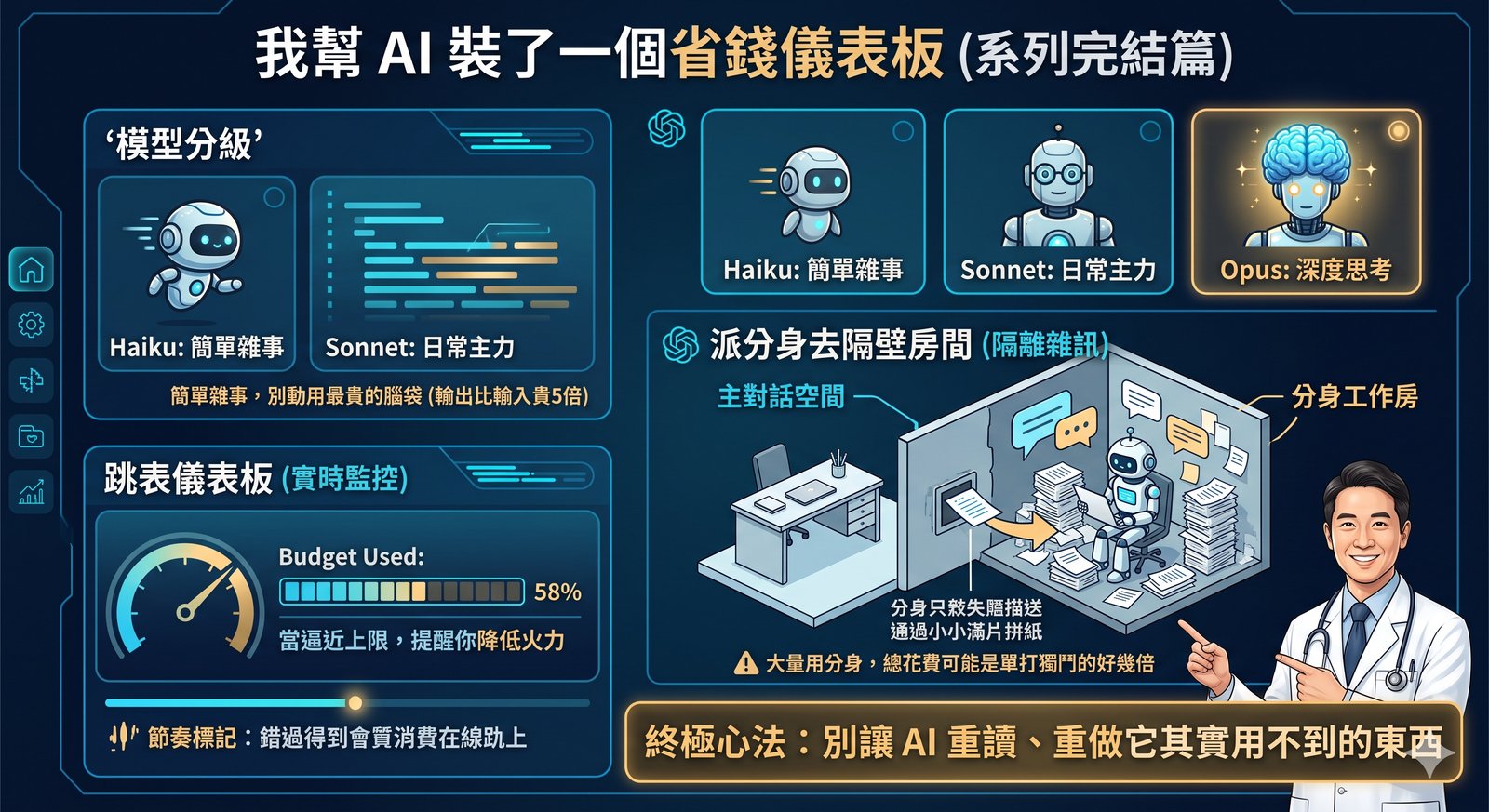 一隻友善的機器人看著有預算錶針的儀表板，指針在節奏正常區，token 金幣流進小豬撲滿