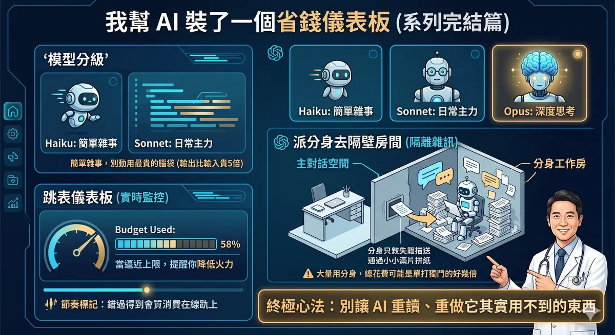 一隻友善的機器人看著有預算錶針的儀表板，指針在節奏正常區，token 金幣流進小豬撲滿