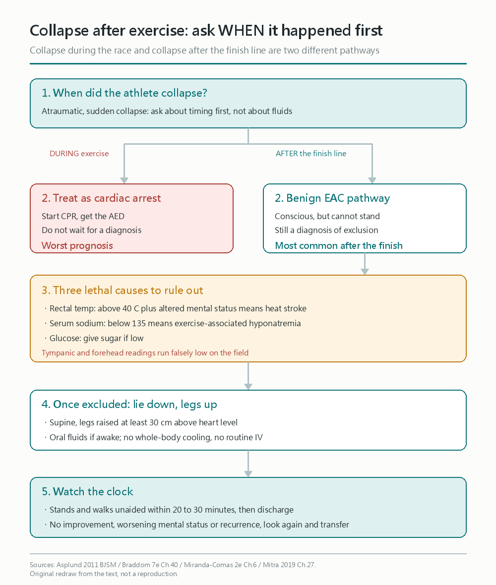 Triage for post-exercise collapse: First ask if it was during the race or after the finish line, then rule out heat stroke, hyponatremia, and hypoglycemia, and finally lie down with legs elevated and watch for changes over 20 to 30 minutes