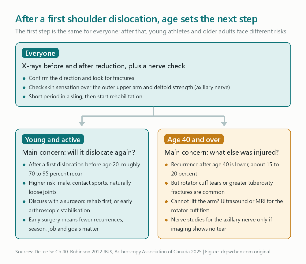 After the first shoulder dislocation, paths diverge by age: young people mostly worry about recurrence, while those over 40 mostly worry about concurrent injuries like rotator cuff tears